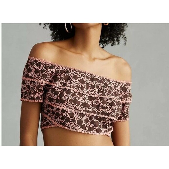 ANTHROPOLOGIE Off-The-Shoulder Top Brown Motif Scalloped Lace Trim Sz 8 NWT (h - Picture 1 of 5